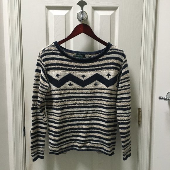 NWT Ralph Lauren Wool/Cotton Blend Blue and Cream Sweater Size XS - Picture 1 of 7